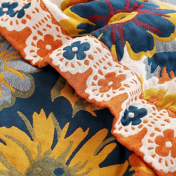 CozyNest Decor boho muslin blanket for adults, floral daisy design, twin size 60x80 inches, soft 4-layer cotton summer bed coverlet