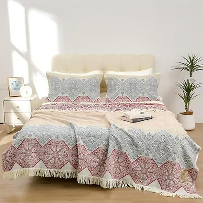 CozyNest Decor boho muslin cotton twin bed blanket with floral design, tassels, 4-layer gauze, soft and cooling for sofa or bed.