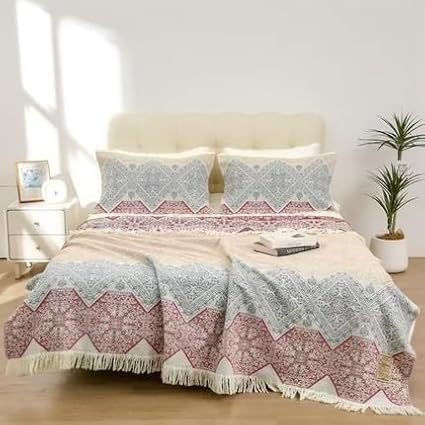 CozyNest Decor boho muslin twin size cotton blanket with floral design, tassels, soft breathable 4-layer gauze bed coverlet for sofa or bed