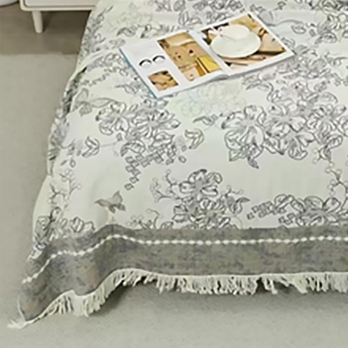 CozyNest Decor boho muslin blanket for adults, 80x90 inches, floral grey, 4-layer gauze cotton summer cooling bed coverlet with tassels