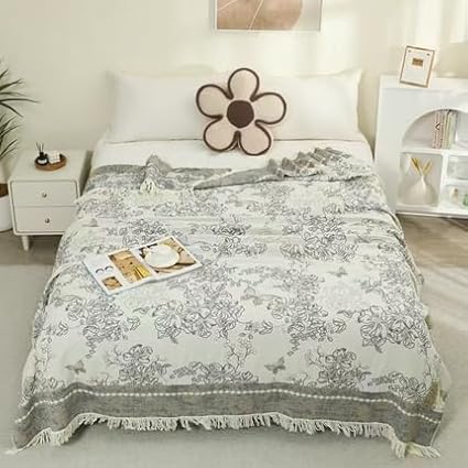CozyNest Decor boho cotton muslin blanket for adults, floral grey twin size soft 4-layer gauze summer cooling bed coverlet with tassels