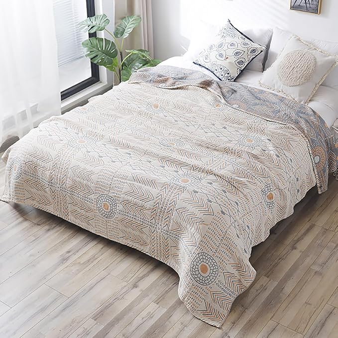 CozyNest Decor boho striped muslin twin size bed blanket, 4-layer cotton summer blanket, soft, lightweight, sofa or bed coverlet.