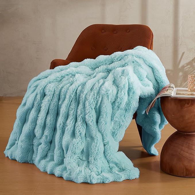 Blue faux fur throw blanket by CozyNest Decor, cozy plush twin bed blanket, thick and warm bubble design, 60x80 inches