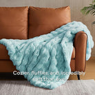 Blue Faux Fur Throw Blanket by CozyNest Decor, plush and warm twin-sized bed blanket with thick, cozy bubble texture.