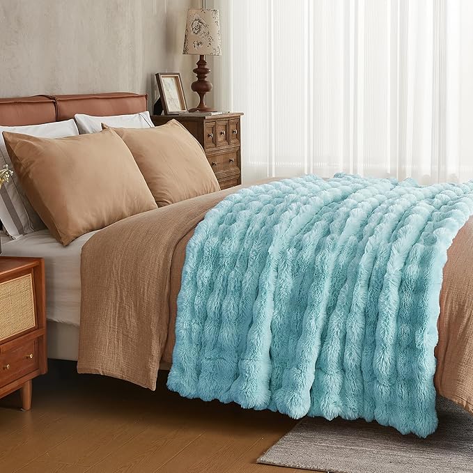 Blue Faux Fur Throw Blanket by CozyNest Decor, plush and thick twin-sized bed blanket, cozy and warm for comfort.