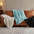 Blue Faux Fur Throw Blanket by CozyNest Decor, plush and warm twin-sized bed blanket with thick, cozy bubble texture