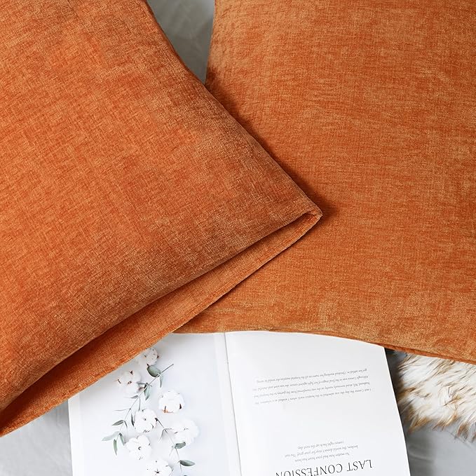 Pair of CozyNest Decor CaliTime Fall throw pillow covers in burnt orange, 20x26 inches, chenille fabric for couch or sofa decor