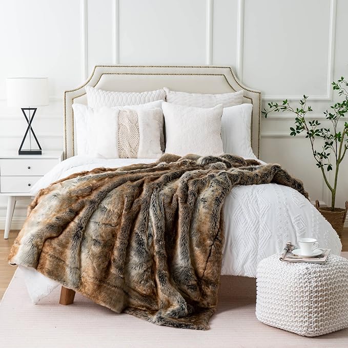 CozyNest Decor large brown faux fur throw blanket for bed and couch, 60x80 inches, soft, fuzzy, and reversible to plush velvet.