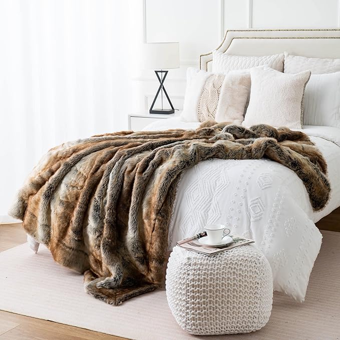 CozyNest Decor large brown faux fur throw blanket for bed, soft and fuzzy, 60x80 inches, reversible to plush velvet, cozy and warm.