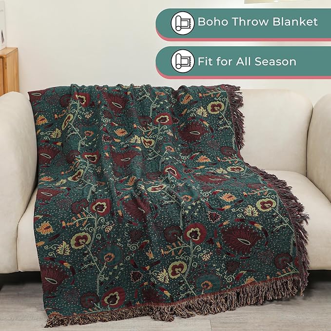 CozyNest Decor boho fall throw blanket for bed, floral print, ultra-soft breathable cotton, farmhouse rustic decor for couch or sofa.