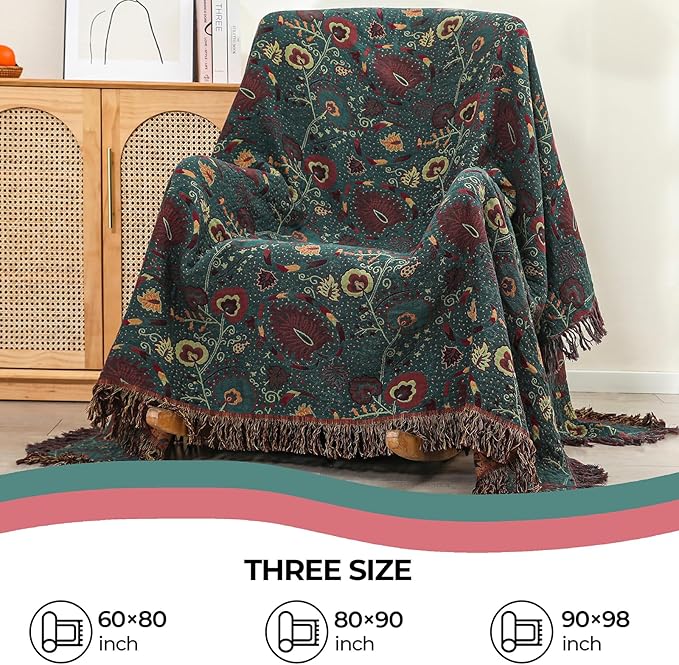 CozyNest Decor boho fall throw blanket on bed, floral printed, soft breathable 100% ultra cotton, rustic farmhouse decor, 90x98 inches