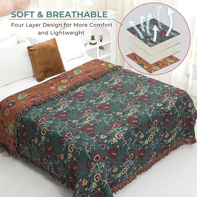 CozyNest Decor boho fall throw blanket for bed, 100% ultra cotton, floral print, rustic farmhouse decor, 90x98 inches.
