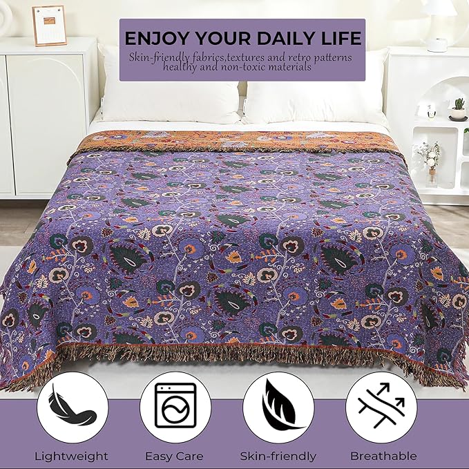 CozyNest Decor boho fall throw blanket with purple floral print, soft cotton, rustic farmhouse decor for bed or sofa, 90x98 inches.