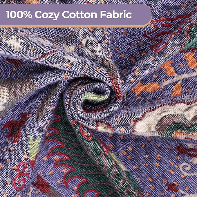 CozyNest Decor boho fall purple floral throw blanket on bed, soft breathable cotton, farmhouse style quilt for sofa or bed, 90x98 inches.