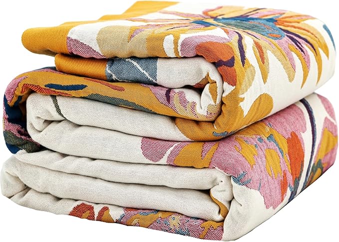 CozyNest Decor boho large throw blanket with fall floral, bird, and butterfly design, made of soft, breathable 100% organic cotton for sofa or bed.