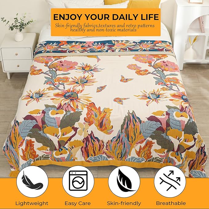 CozyNest Decor boho large cotton gauze throw blanket with floral and butterfly patterns, perfect for bed or sofa decor.