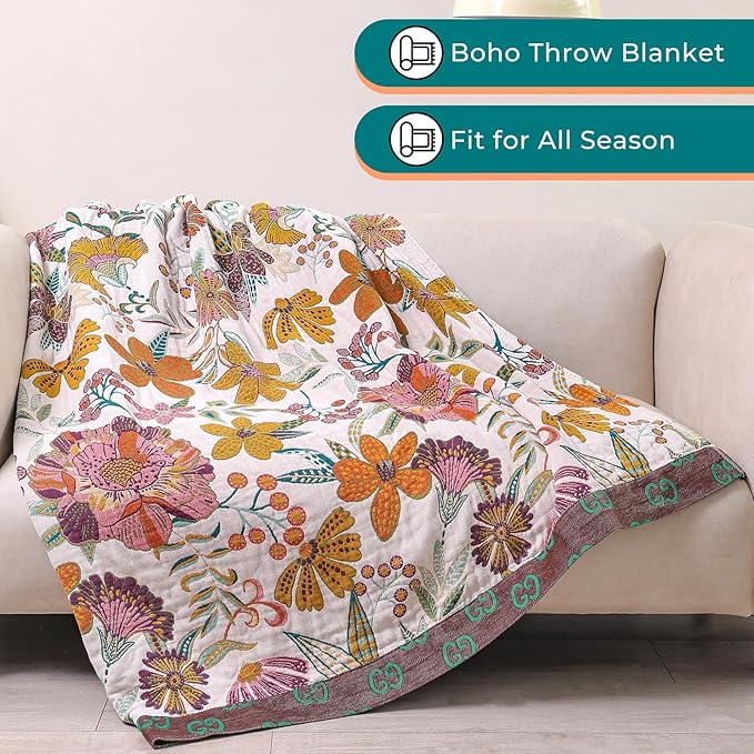 CozyNest Decor boho rustic cotton throw blanket with floral design, reversible, 60x80 inches, ideal for sofa or bed decor.