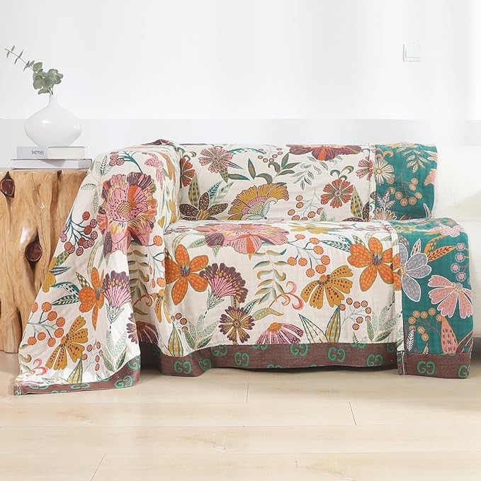 CozyNest Decor boho rustic cotton throw blanket with floral pattern, reversible vintage design for sofa or bed, 60x80 inches.