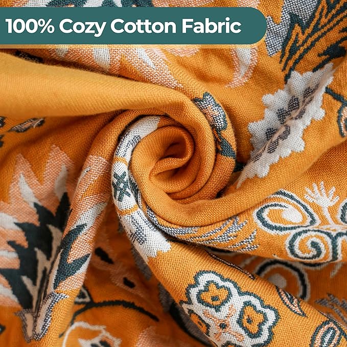 CozyNest Decor boho throw blanket in yellow floral print, 100% cotton, lightweight, breathable woven bed throw 90x98 inches.