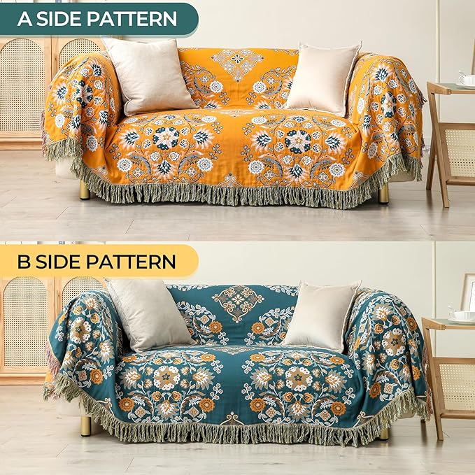 CozyNest Decor yellow floral boho throw blanket for bed, 100% cotton, lightweight, breathable, 90x98 inches, farmhouse decor style