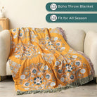 CozyNest Decor boho throw blanket for bed, 100% cotton, lightweight, floral yellow print, 90x98 inches, breathable woven design.