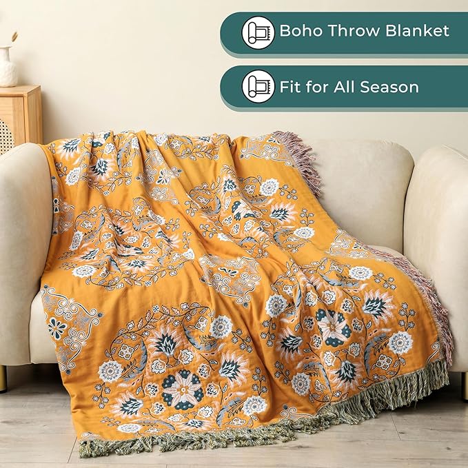 CozyNest Decor boho throw blanket for bed, 100% cotton, lightweight, floral yellow print, 90x98 inches, breathable woven design.