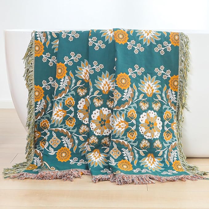 CozyNest Decor boho throw blanket, 100% cotton, lightweight, breathable with yellow floral print, 90x98 inches for bed or decor.