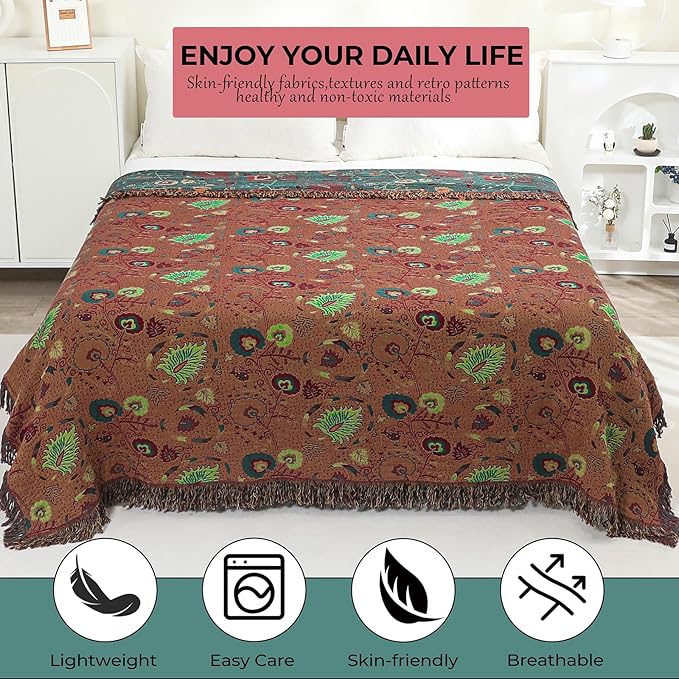 CozyNest Decor boho floral printed cotton throw blanket for bed, couch, or sofa, 60x80 inches, soft and breathable farmhouse decor.