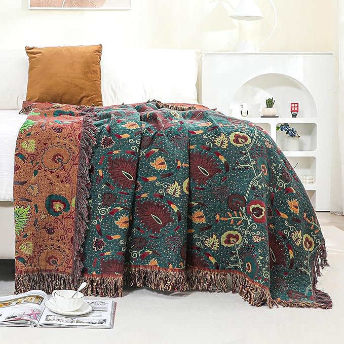 CozyNest Decor boho throw blanket for bed, 60x80 inches, floral printed, ultra cotton, soft, breathable, rustic farmhouse decor throw