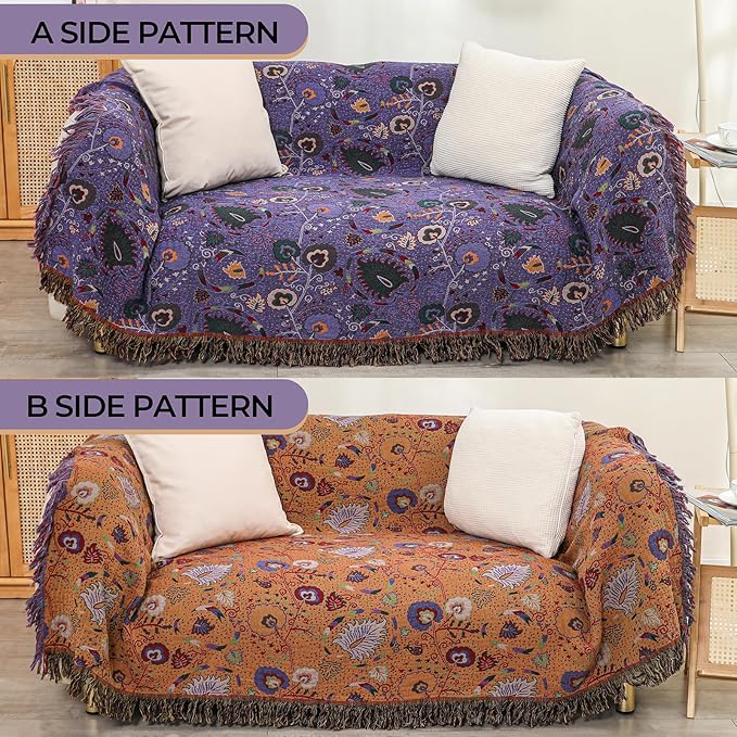 CozyNest Decor boho throw blanket with purple floral print, 60x80 inches, soft breathable cotton for bed or sofa decor.