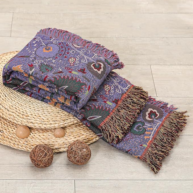 CozyNest Decor boho throw blanket with purple floral print, soft breathable 100% cotton, ideal for bed, couch, or sofa decor.