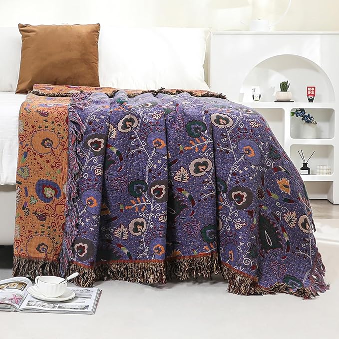 CozyNest Decor boho purple floral cotton throw blanket on a bed, showing soft breathable fabric and rustic farmhouse style.