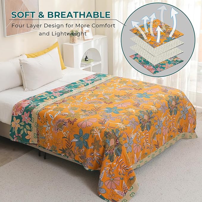 Reversible boho cotton throw blanket with vintage floral design in yellow and green, ideal for bed or sofa decor, 60x80 inches.