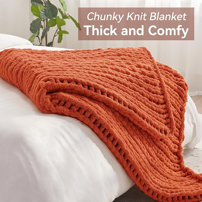 CozyNest Decor chunky knit throw blanket in orange, handmade chenille yarn, thick and soft for bed or couch decor.