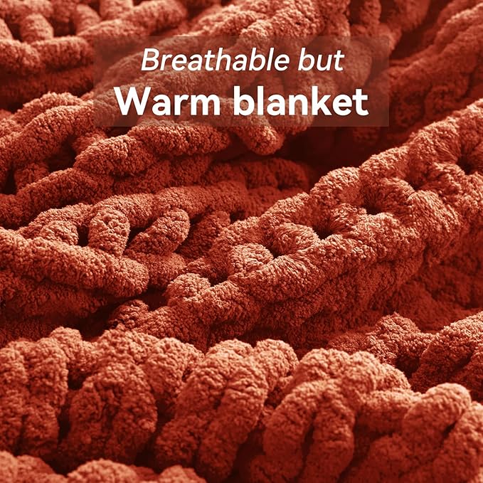 CozyNest Decor chunky knit throw blanket in orange, handmade, 30x40 inches, soft chenille yarn, perfect for bed or couch decor