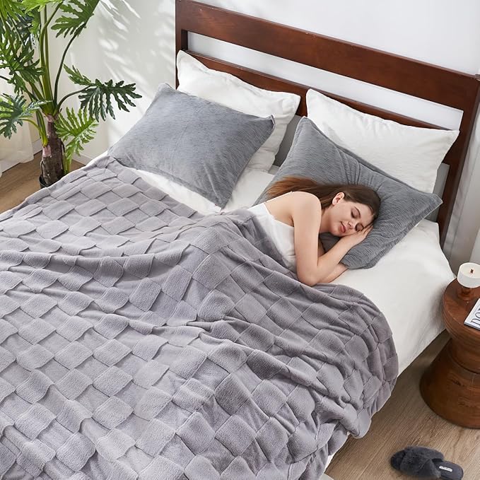 CozyNest Decor checkered white faux rabbit fur throw blanket on couch, soft fuzzy cream fuzzy blanket for bed or sofa, 90x90 inches