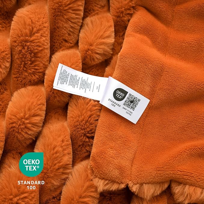 CozyNest Decor Fall Harvest faux fur throw blanket in burnt orange, plush striped design for couch or bedroom decor, 60 x 80 inches.