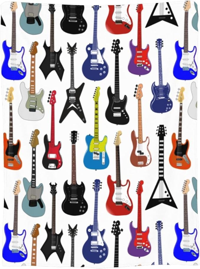 CozyNest Decor electric guitar pattern throw blanket in soft fleece, perfect for kids and adults on sofa, bed, or couch.