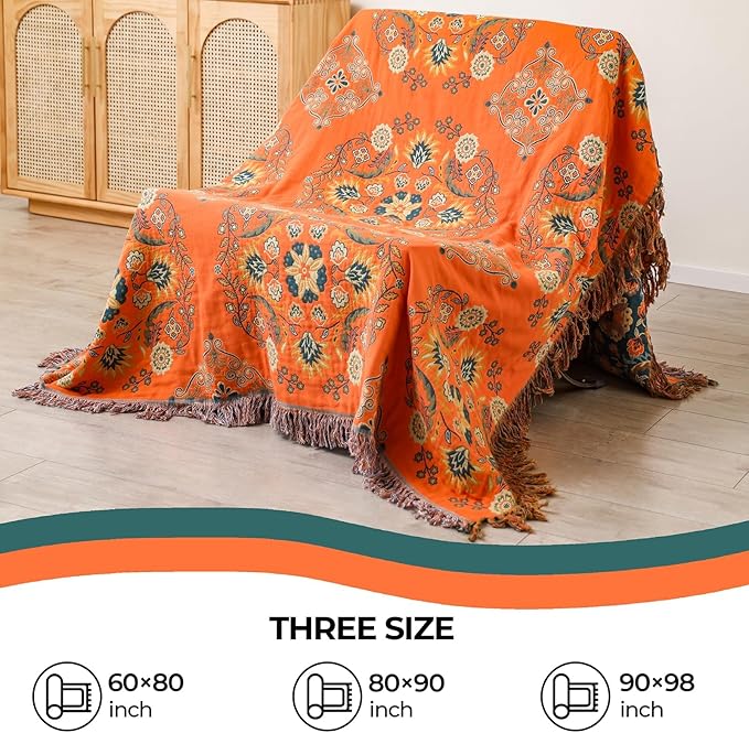 CozyNest Decor orange floral printed fall throw blanket for couch or bed, lightweight 100% cotton rustic quilt 60x80 inches.