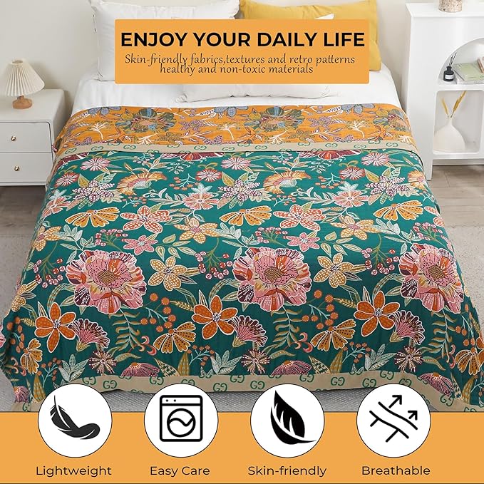 Reversible cotton throw blanket with vintage bohemian floral design in yellow and green, perfect for bed or sofa decor.