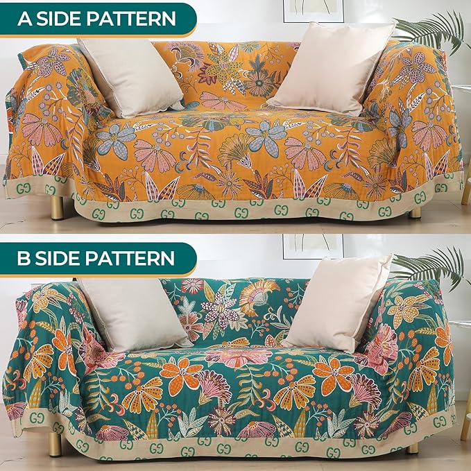 Reversible cotton throw blanket by CozyNest Decor with vintage bohemian floral design in yellow and green, ideal for bed or sofa.