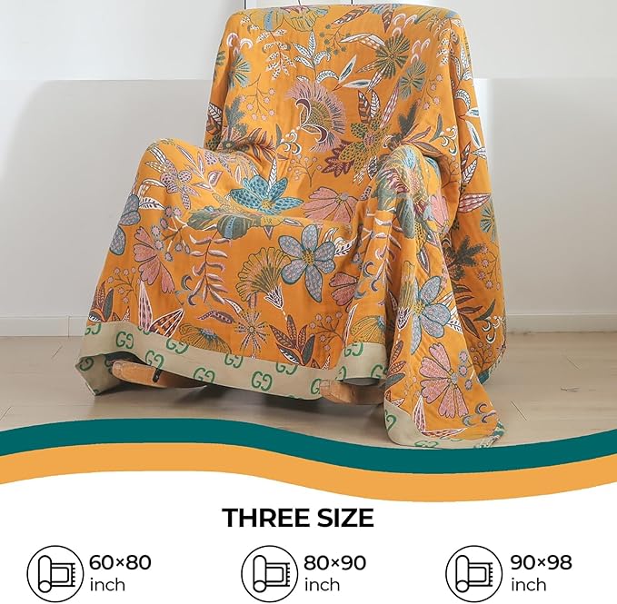 Reversible cotton throw blanket with vintage bohemian floral design in yellow and green, perfect for bed or sofa decor.