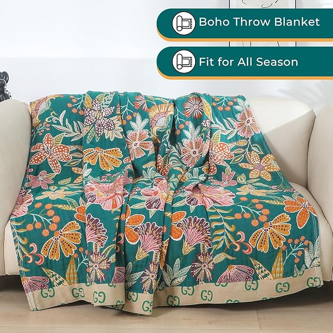Reversible cotton throw blanket by CozyNest Decor with vintage bohemian floral design in yellow and green, 90x98 inches.
