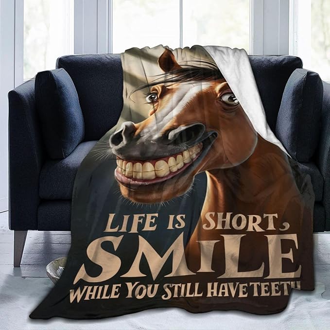 CozyNest Decor funny horse fleece throw blanket on a sofa, suitable for kids and adults, cozy decorative 60x50 inch bedding.