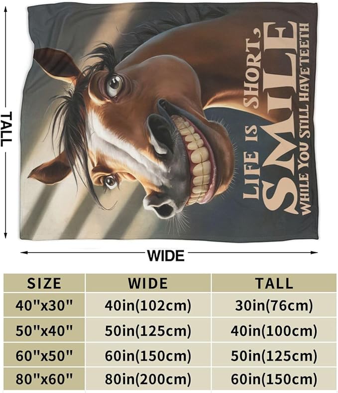 CozyNest Decor funny horse fleece throw blanket for kids and adults, 60x50 inches, perfect for sofa, bed, or party decor.