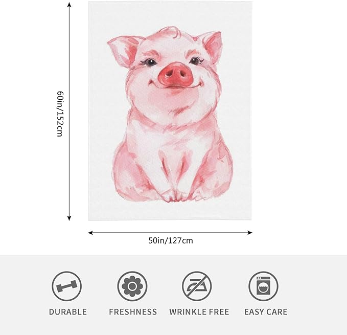 CozyNest Decor HGOD DESIGNS pink pig watercolor throw blanket, super soft 50x60 inch blanket for bed, couch, or camping.
