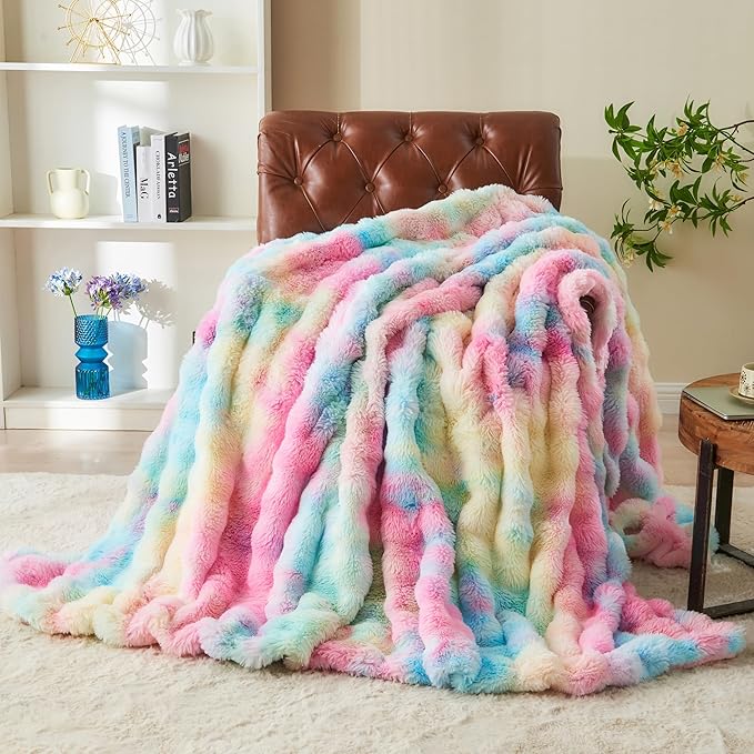 Colorful rainbow faux fur throw blanket by CozyNest Decor, plush fluffy tie-dye design for sofa, couch, or bed decor.