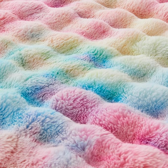 Colorful rainbow faux fur throw blanket by CozyNest Decor, plush and fluffy rabbit fur decor for sofa, chair, or bed, 63x79 inches.