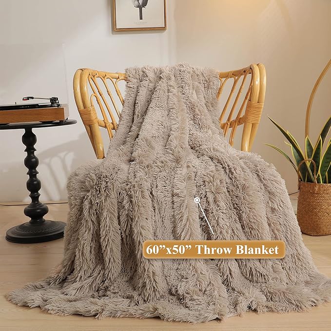 CozyNest Decor XeGe luxury faux fur throw blanket in khaki, 50x60 inches, soft, fluffy, shaggy plush decorative lap blanket for sofa