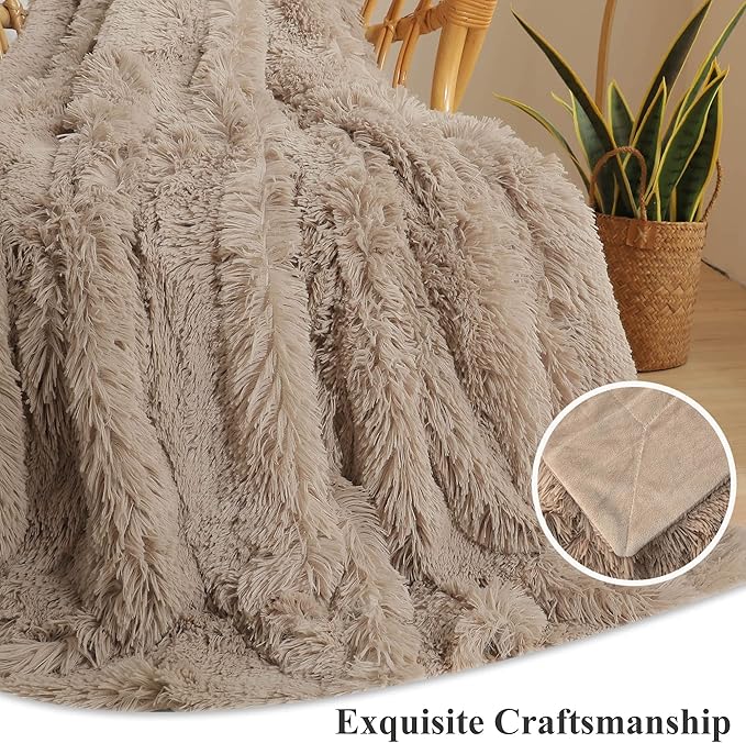 CozyNest Decor XeGe faux fur throw blanket in khaki, 50x60 inches, soft shaggy plush decorative lap blanket for couch or bed.